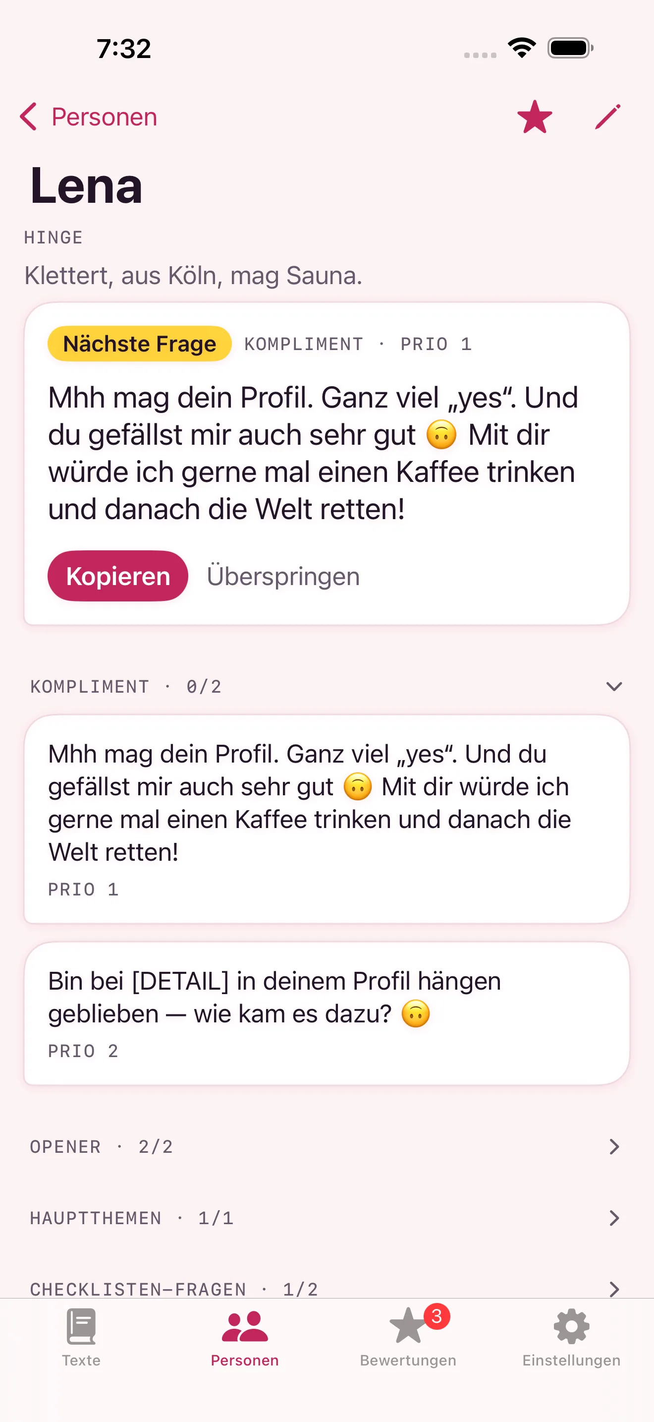 Die Detailansicht einer Person in Kopi: oben die nächste Frage mit den Knöpfen Kopieren und Überspringen, darunter die Kategorien nach Fortschritt.