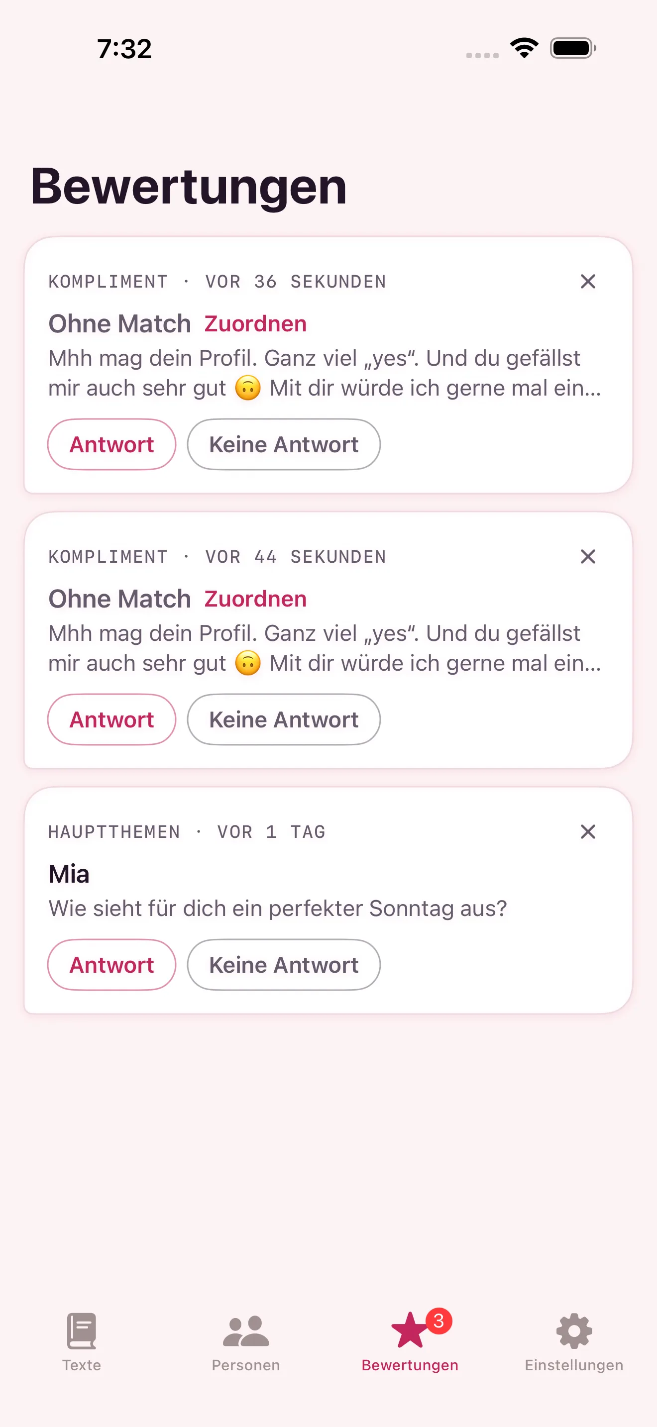 Der Bewertungen-Bereich von Kopi: zu jedem kopierten Text stehen die Knöpfe Antwort und Keine Antwort bereit.
