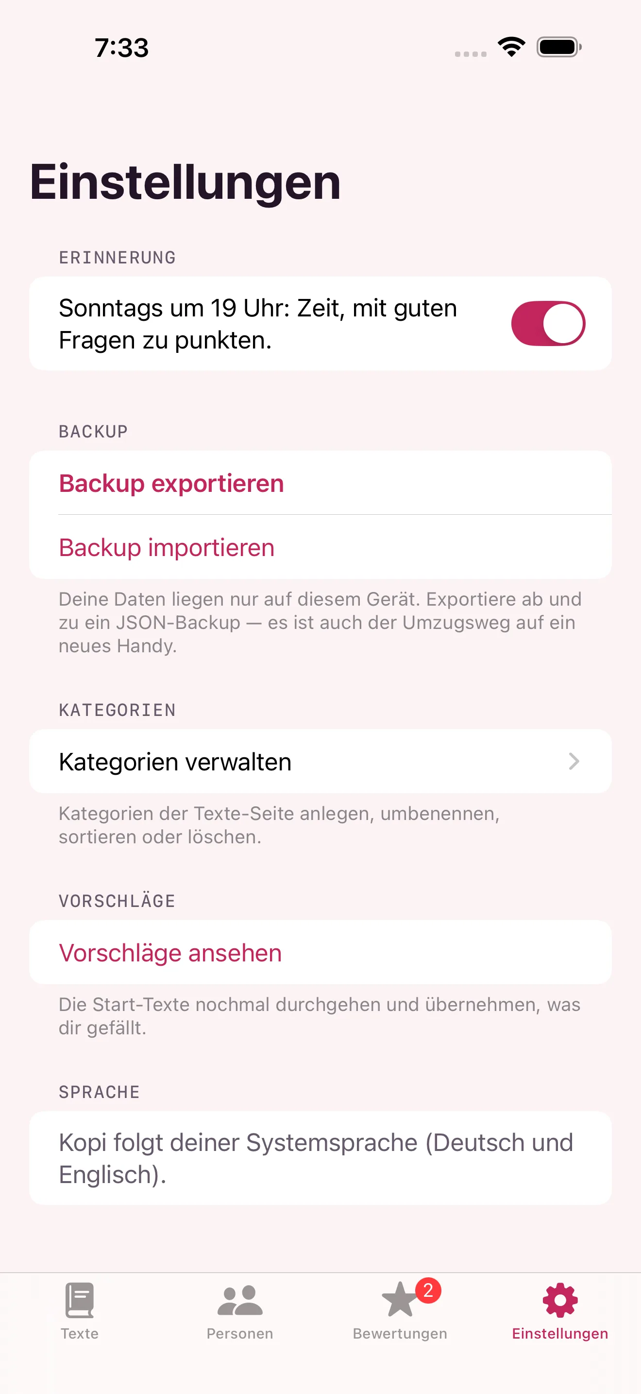 Die Einstellungen von Kopi mit den Abschnitten Erinnerung, Backup, Kategorien, Vorschläge und Sprache.