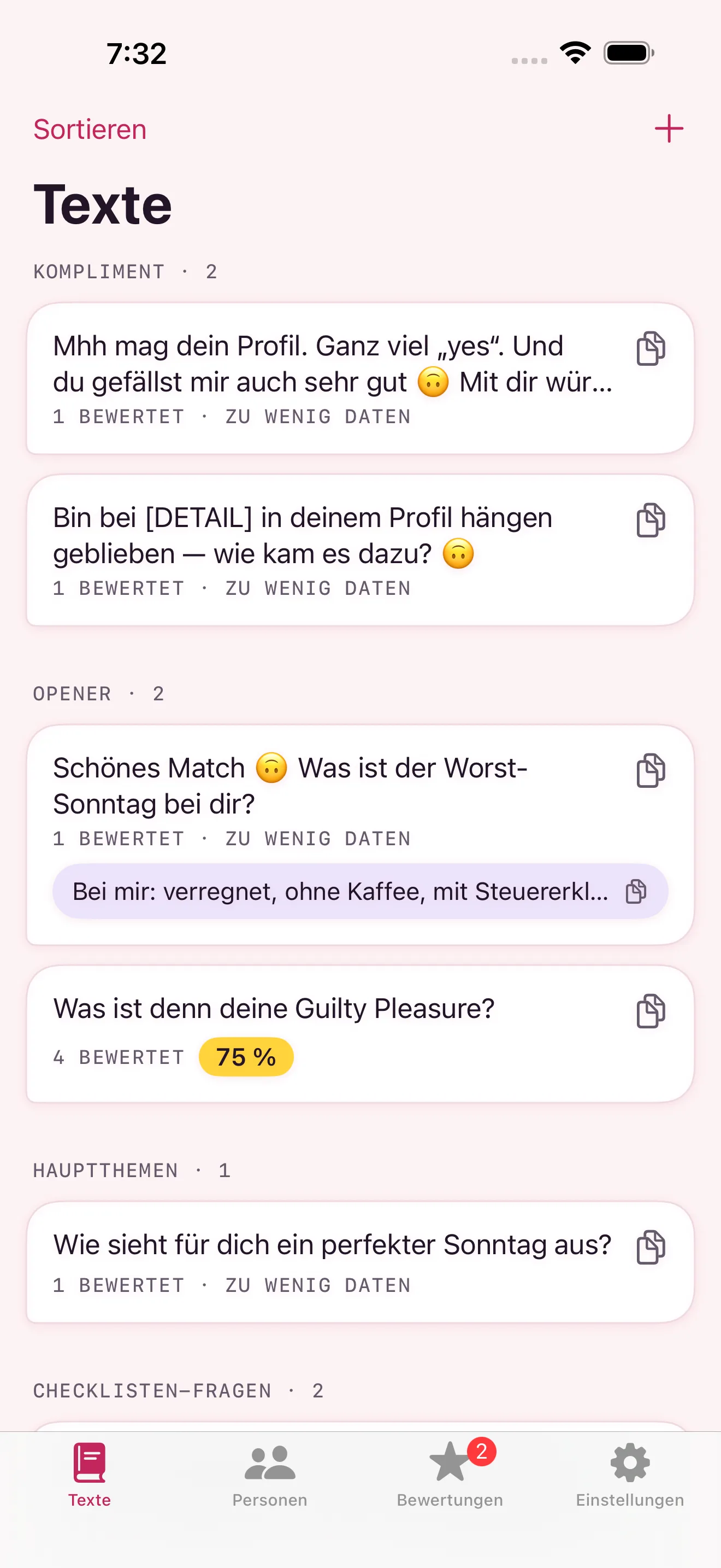 Die Texte-Seite von Kopi: Karten in den Kategorien Kompliment, Opener und Hauptthemen, eine mit dem Chip 75 Prozent nach 4 Bewertungen.